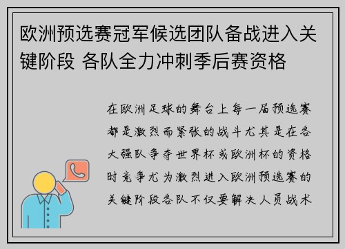 欧洲预选赛冠军候选团队备战进入关键阶段 各队全力冲刺季后赛资格