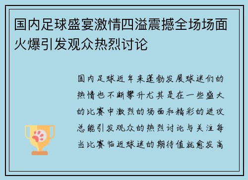 国内足球盛宴激情四溢震撼全场场面火爆引发观众热烈讨论