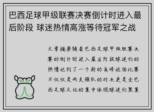 巴西足球甲级联赛决赛倒计时进入最后阶段 球迷热情高涨等待冠军之战