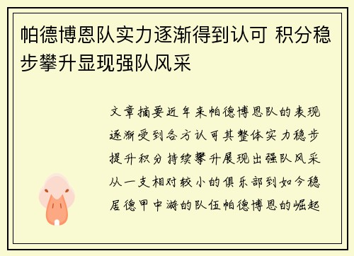 帕德博恩队实力逐渐得到认可 积分稳步攀升显现强队风采